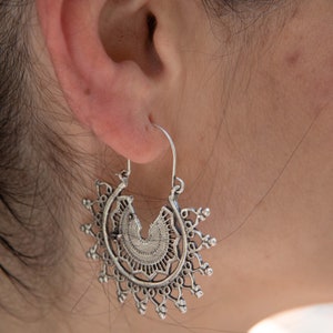 29 Silver Ethnic MANDALA Dangly Earrings, Flower sun Statement Earrings image 4