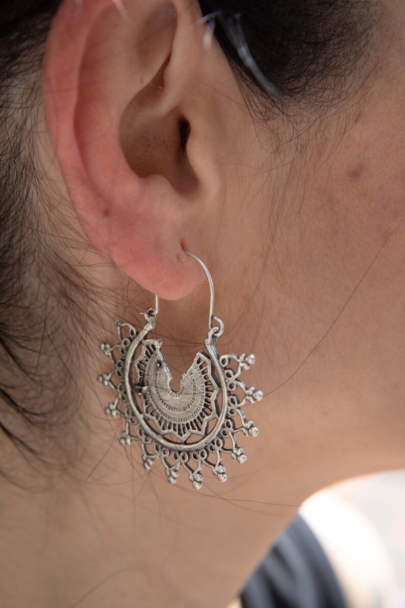 29 Silver Ethnic MANDALA Dangly Earrings, Flower sun Statement Earrings image 4