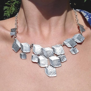 Brutalist Silver Statement Necklace: 3D Geometric Illusion Collar