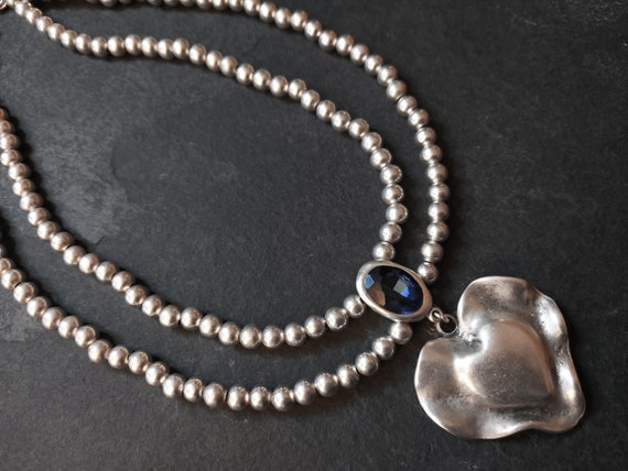 ★PEARLY MORE★ Two Line Heart Choker Necklace Set of Two Silver Plated Sapphire Rhinestone Heart Choker