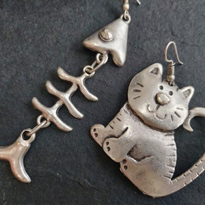 33- Cat and Fish Silver Mismatched Oversize Earrings