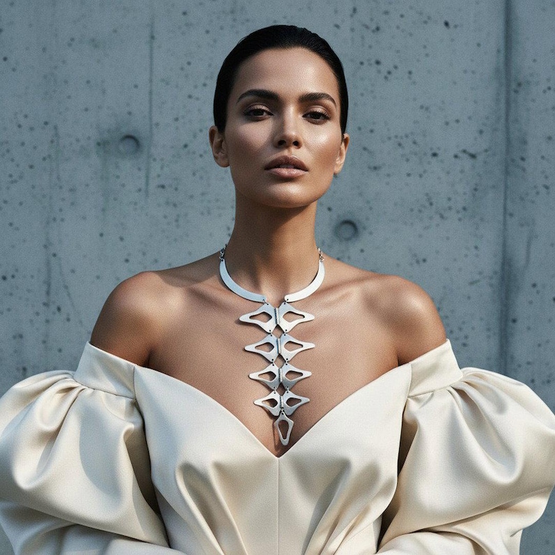 Silver vertebrae spine statement necklace, edgy modernist bib, handmade