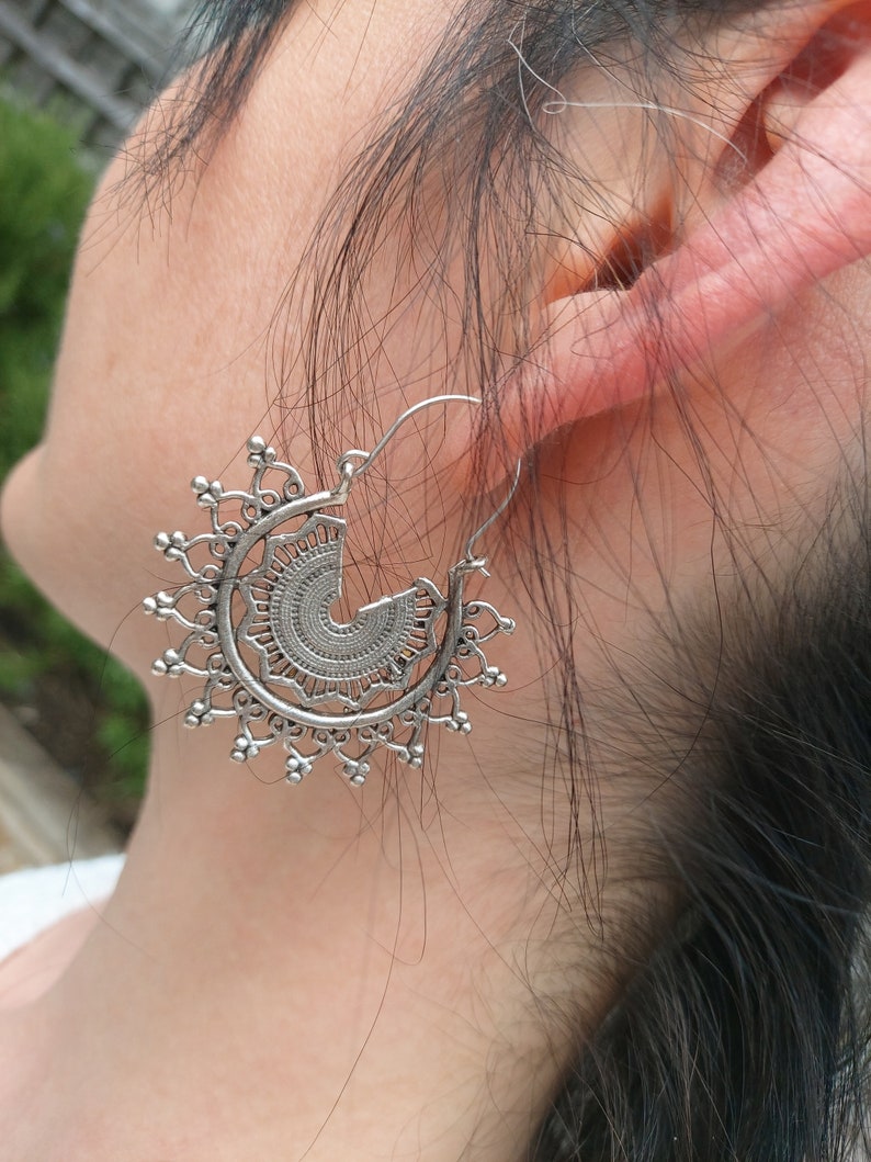 29 Silver Ethnic MANDALA Dangly Earrings, Flower sun Statement Earrings image 2