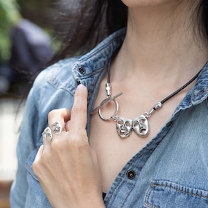 3-Cute Comedy Tragedy Icon Silver Necklace, Theater, Drama Mask Adjustable Pendant, Smiley Crying face gift for actress