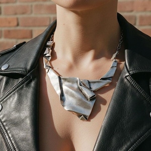 Brutalist Silver Statement Necklace, Sculptural Folded Collar, Wearable Art Jewelry by Architect Designer