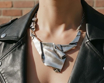 Brutalist Silver Statement Necklace, Sculptural Folded Collar, Wearable Art Jewelry by Architect Designer