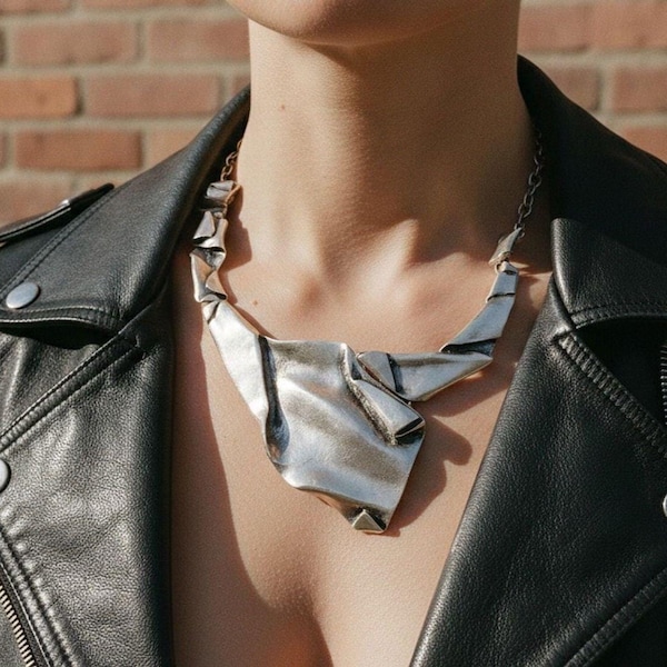 Brutalist Silver Statement Necklace, Sculptural Folded Collar, Wearable Art Jewelry by Architect Designer