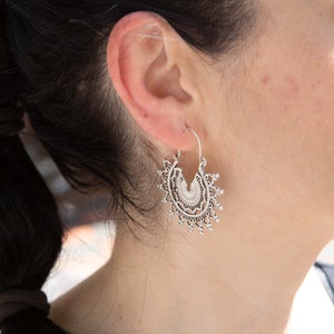 29 Silver Ethnic MANDALA Dangly Earrings, Flower sun Statement Earrings image 7