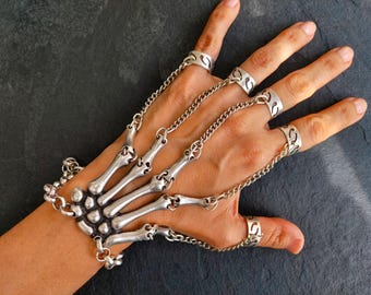 Silver Skeleton Hand Chain Bracelet, Gothic Adjustable Finger Ring, Dark Jewelry