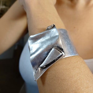 38 / BRUTALIST Asymmetrical Cuff Bracelet, Antique Silver Statement Chunky Bangle CUff, Modernist Jewelry