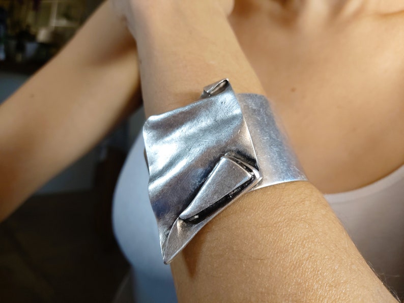 38 / BRUTALIST Asymmetrical Cuff Bracelet, Antique Silver Statement Chunky Bangle CUff, Modernist Jewelry image 1