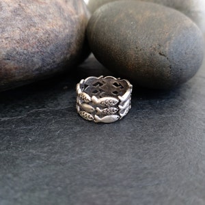 May include: A silver ring with a design of multiple fish swimming in a circle.
