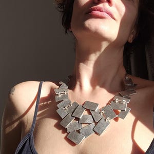 Sculptural Silver Pixel Necklace Brutalist Architectural Avant Garde Statement Collar Geometric Modernist Wearable Art