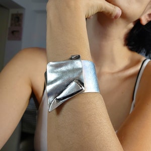 38 / BRUTALIST Asymmetrical Cuff Bracelet, Antique Silver Statement Chunky Bangle CUff, Modernist Jewelry image 3