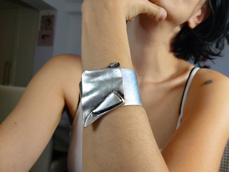 38 / BRUTALIST Asymmetrical Cuff Bracelet, Antique Silver Statement Chunky Bangle CUff, Modernist Jewelry image 3