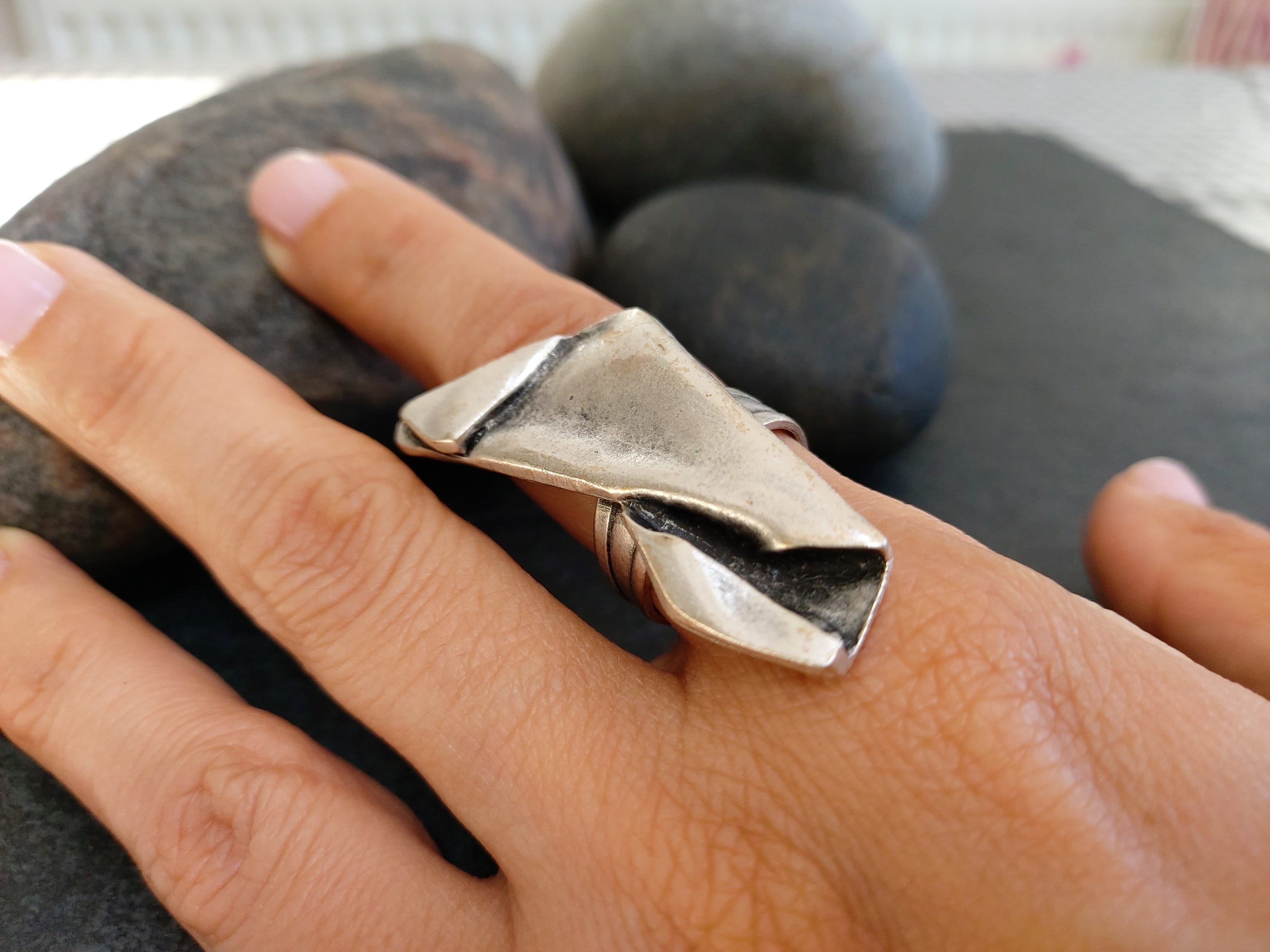 Silver Brutalist Wrinkled Ring, Modernist Abstract Ring