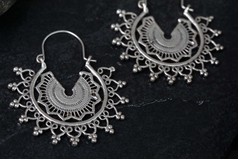 29 Silver Ethnic MANDALA Dangly Earrings, Flower sun Statement Earrings image 8