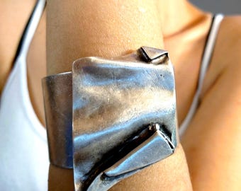 BRUTALIST Asymmetrical Cuff Bracelet Bold Chunky Wide Sculptural Statement Modernist Jewelry