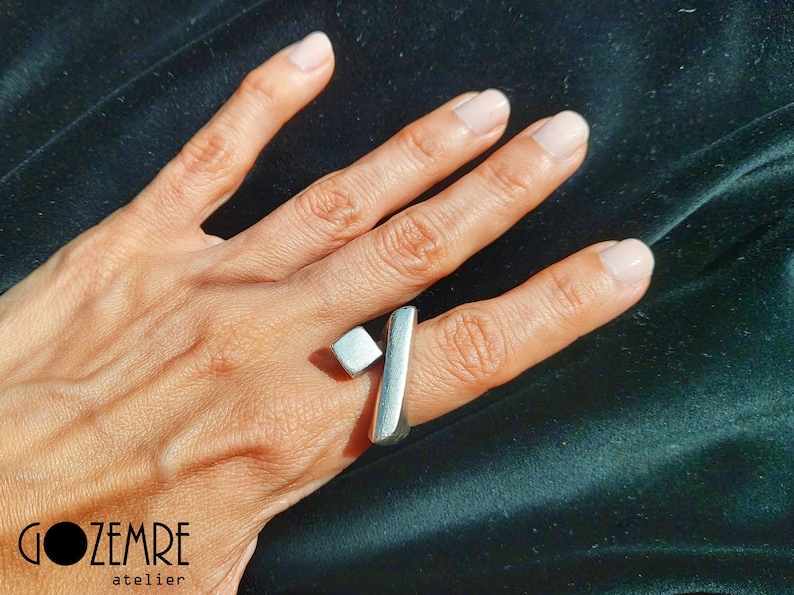 16-Boho Silber / Gold Modernist Ring, Abstrakter Statement Ethno Ring Bild 3