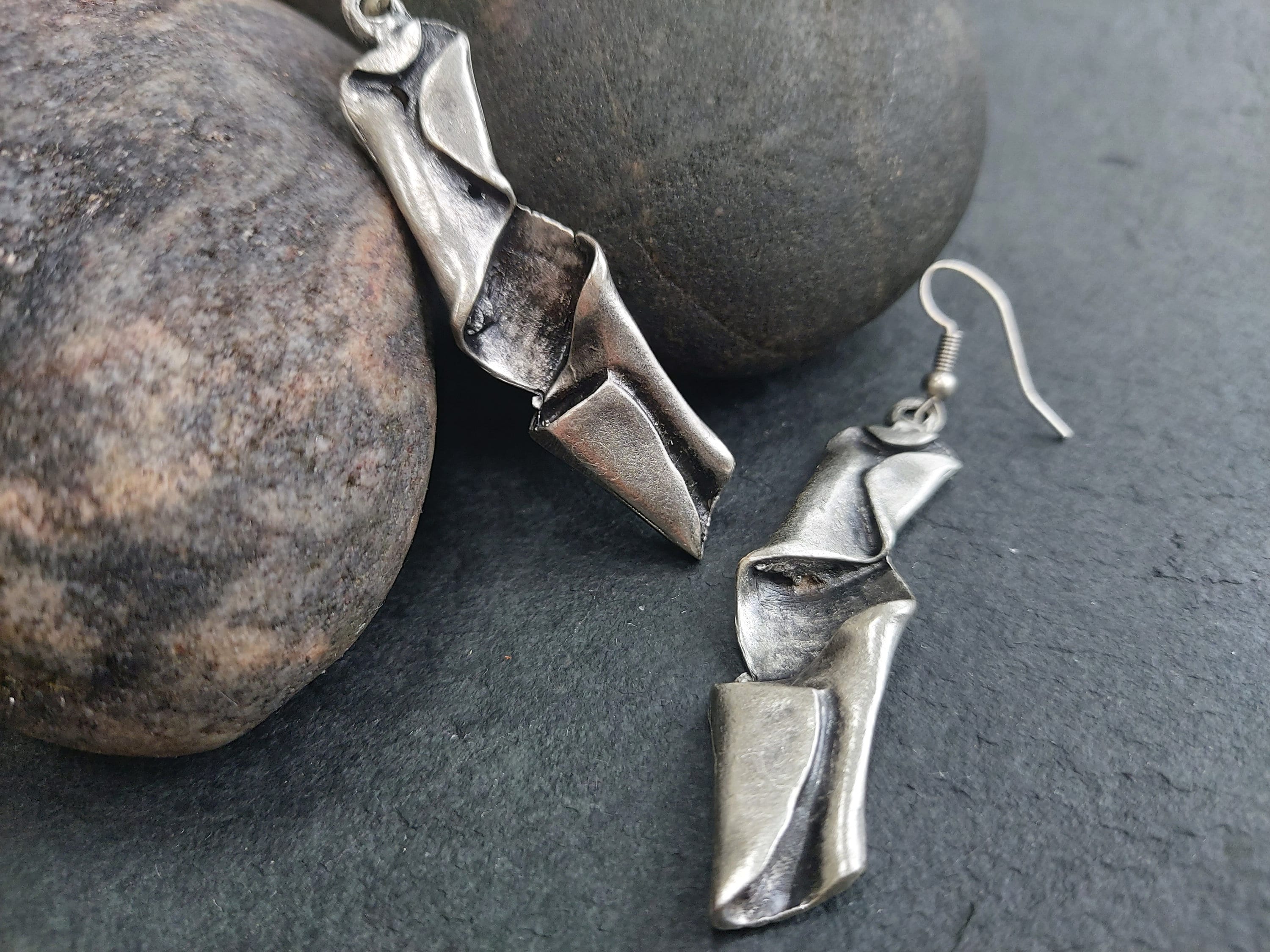 39- Brutalist Antique Silver Wrinkled Designer Earrings