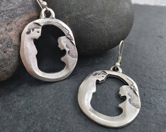 41- Silver LOVER Couple Hoop Earrings, Human Silhouette Engraved Earrings