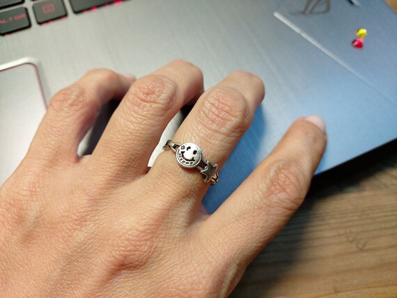 90 Silver Smiley Face Ring Star Ring Chain Ring Etsy