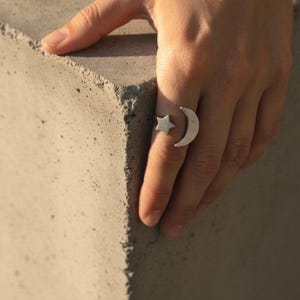 Moon Star Ring, Adjustable Silver Celestial Open Band, Boho Cosmic Statement, Delicate Astrology Gift