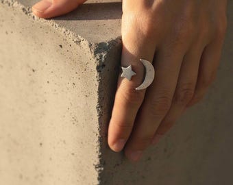 Moon Star Ring, Adjustable Silver Celestial Open Band, Boho Cosmic Statement, Delicate Astrology Gift