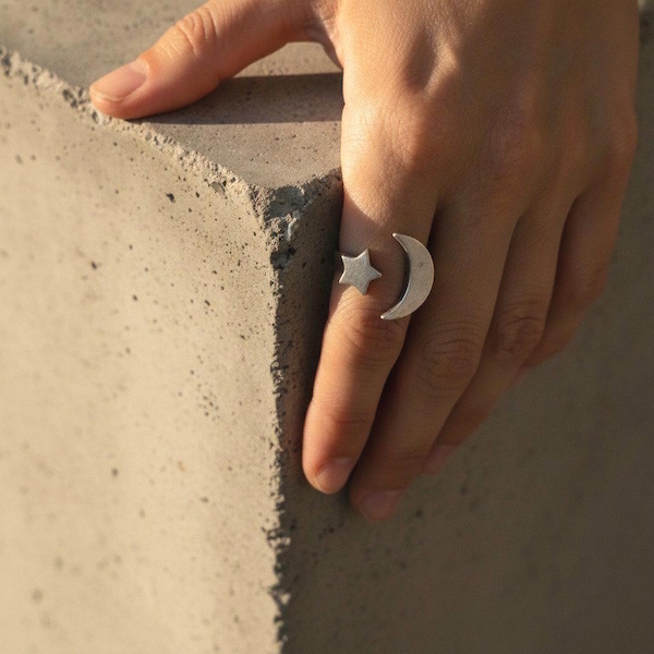 Moon Star Ring, Adjustable Silver Celestial Open Band, Boho Cosmic Statement, Delicate Astrology Gift