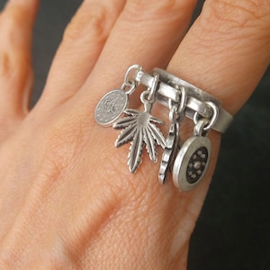 Dangle witch charm ring, silver plated leaf feather charm ring