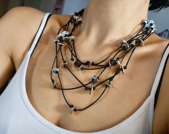 Silver Plated Plaque and Leather Rope Layered Necklace