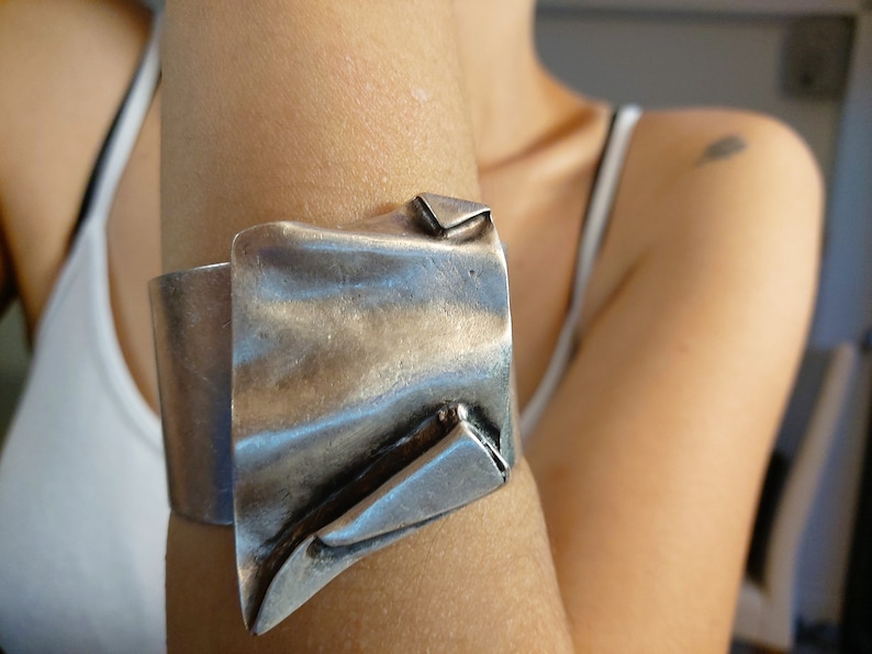 38 / BRUTALIST Asymmetrical Cuff Bracelet, Antique Silver Statement Chunky Bangle CUff, Modernist Jewelry image 2