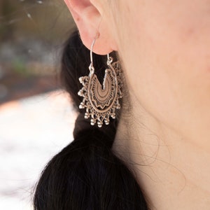 29 Silver Ethnic MANDALA Dangly Earrings, Flower sun Statement Earrings image 6