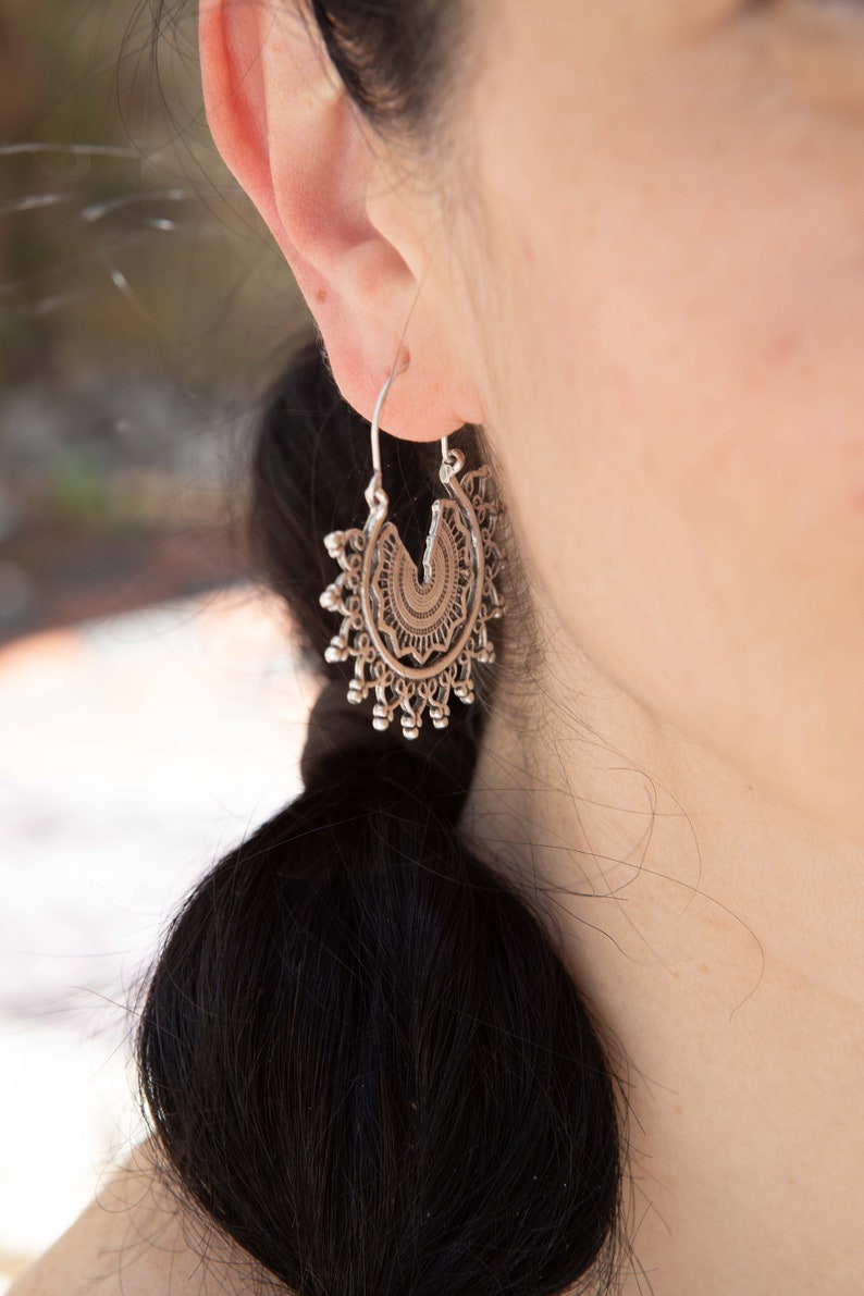 29 Silver Ethnic MANDALA Dangly Earrings, Flower sun Statement Earrings image 6