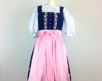 Dirndl vintage (S) midi knielang blau rosa grün Blumen mit passender rosa glänzender Schürze