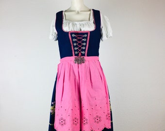 Dirndl vintage (M) mini knee-length dark blue pink with flowers with pink apron + buckle