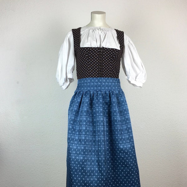 Dirndl vintage (XS/S) halblang braun blau optional mit blau glänzender Schürze