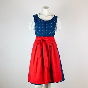 Dirndl vintage (XS) mini knielengte blauw patroon optioneel met rood schort