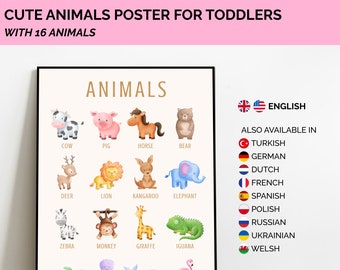 Animals Poster for Toddlers - Available in several languages - Cute animals poster with watercolor design for kids or nursery room