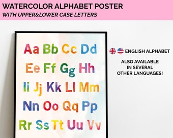 Watercolor Alphabet Poster with upper & lower case letters in several languages - ABC Poster for Kids Room