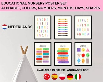 Dutch Educational Nursery Posters, Set of 6 prints: Alphabet, Numbers, Colours, Days, Months, Shapes