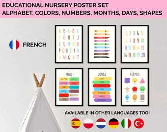 French educational nursery posters - Set of 6 prints: alphabet, numbers, colors, days, months, shapes