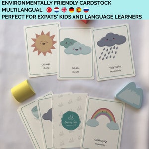 Weather conditions flashcards with cute expressions - Printed on eco-friendly paper - Available in several languages