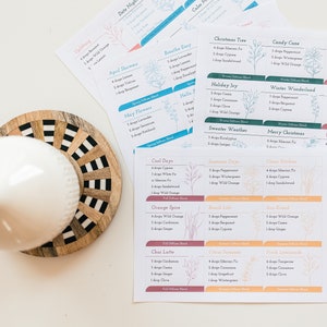 May include: A set of printable cards with instructions for making different essential oil diffuser blends. The cards are printed on white paper with a light pink, blue, and green colour scheme. Each card features a different blend name, such as "Cool Days", "Orange Spice", and "Christmas Tree", along with a list of essential oils and the number of drops to use for each oil. The cards are arranged on a white surface.