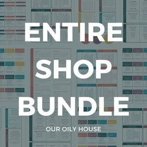 May include: A digital download of printable charts for essential oil blends. The charts are organised by category, such as "Skin Care" and "Cleaning Products". The text "Entire Shop Bundle" is displayed in large white letters on a blue background.