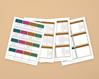 May include: A set of white paper sheets featuring printed labels for skincare recipes. The labels are organized in rectangular boxes with colored borders in shades of teal, magenta, brown, and green, containing text for various beauty products.