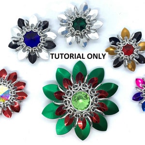 May include: Six different chainmail flower designs with various coloured metal scales and crystal centrepieces. The flowers are silver, black, red, green, gold, and rainbow.