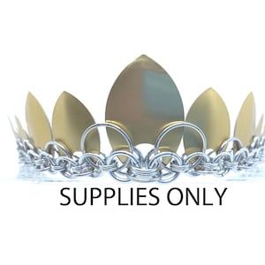 Peut inclure: Une couronne en maille de chaîne argentée avec des accents de feuilles d'or. La couronne est faite d'anneaux métalliques entrelacés et a une forme pointue.  SUPPLIES ONLY