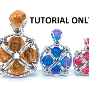 May include: Three wire wrapped pendants featuring different coloured glass beads. The pendants are made with silver wire and have a circular design with four beads in each pendant. The beads are orange, blue and red.