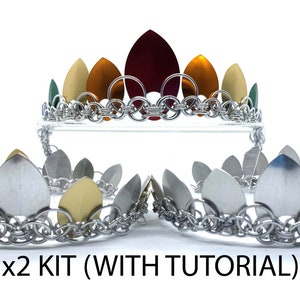 May include: Two silver chainmail crowns with gold and coloured leaf accents. The crowns are stacked on top of each other. The text "x2 KIT (WITH TUTORIAL)" is below the crowns.